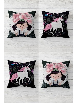 Odea Pelangi Unicorn ve Çiçekli Genç Kız Oda Gizli Fermuarlı Kırlent Kılıfı Koltuk Yastık Kılıfı TAKIM(4ADET), Siyah-Pembe-Beyaz 45 x 45