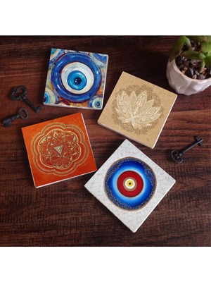 Odea Pinecone Stone Nazar, Lotus Çiçeği, Sri Yantra Taş Bardak Altlığı Seti - 4 Parça - Dekoratif, Rustik Mutfak Aksesuarı, 10X10 Cm, Kaydırmaz Tabanlı, Şık ve Dayanıklı SC386