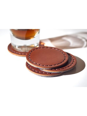 Odea Hi Leather Hakiki Deri Bardak Altlığı Kızıl Kahve (Dörtlü Set)