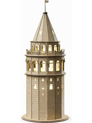 Odea Ch Woodline LED Işıklı Ahşap Galata Kulesi Maketi 46 cm – Akçaağaç Dekoratif Gece Lambası, El Yapımı, Sıcak Işık, Adaptör Dahil
