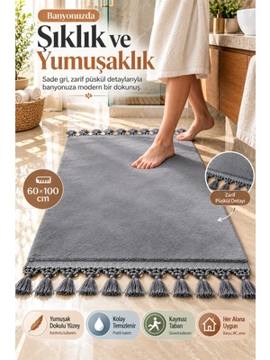 Open City Gri Püsküllü Post Banyo Halısı 60X100 cm Yumuşak Dokulu Dekoratif Paspas Kaymaz Tabanlı Banyo Halısı