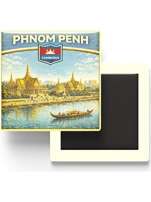Odea Retro Kamboçya Phnom Penh Şehri Temalı Vintage Buzdolap Magneti – 9x9 cm