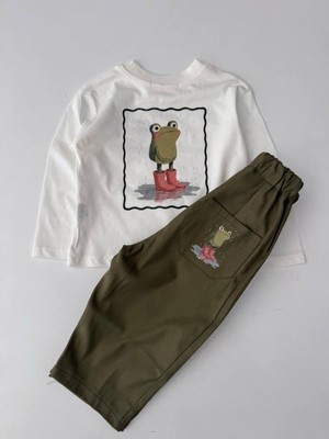 KR Kids Erkek Çocuk Kurbağa Baskılı Uzun Kollu Tişört Haki Gabardin Pantolon 2’li Takım