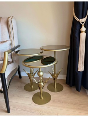 Esey Luxury Flora 3lü Zigon  Sehpa Metal Gold Gövde Cam Ayna Yüzey