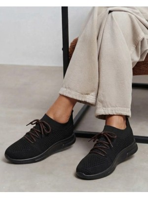 Enes Ayakkabıcılık Kadın Siyah Triko Örme Esnek Günlük Rahat Kadın Spor Ayakkabı Sneaker
