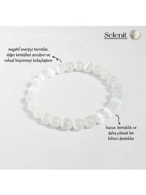 Taşmir Orijinal Selenit Taşı Bileklik | 8 mm Yuvarlak Kristal Misinalı Bileklik | Şifa, Denge, Iç Huzur ve Reiki Bilekliği