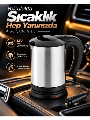 Astraltech 12V Araç Çakmak Girişli Paslanmaz Çelik Araç Içi Su Isıtıcı Seyahat Tipi Pratik Kettle
