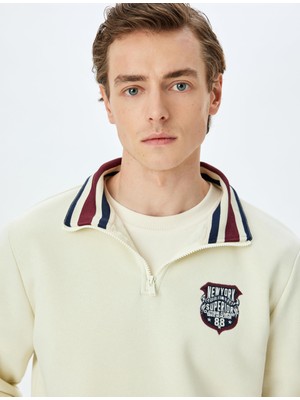 Odea Koton Baskılı Pamuk Karışımlı Yaka Detaylı Şardonlu Yarım Fermuarlı Sweatshirt