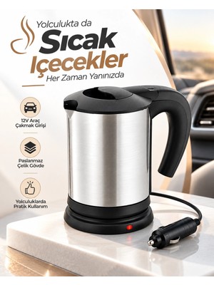 Astraltech Yolculuk ve Seyahat Için 12V Araç Uyumlu Paslanmaz Çelik Elektrikli Su Isıtıcı Kettle