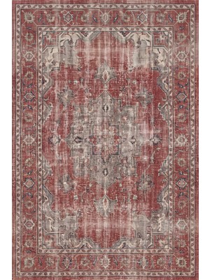 Rugzella Vintage Soluk Kiremit Kırmızısı Eskitme Soyut Desen Taupe Lacivert Salon Yıkanabilir Halı