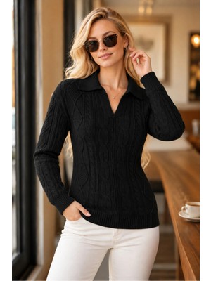 AQE FASHION Kadın Polo V Yaka Uzun Kollu Dekolteli Saç Örgülü Fitilli Özel Tasarım Siyah Triko Kazak