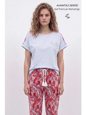 Mısırlı Kadın Pamuk Kısa Kol Pijama Takım Beyaz/şal Desen