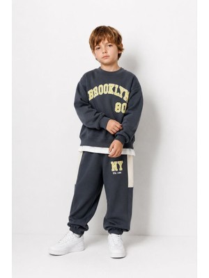 KR Kids Erkek Çocuk Brooklyn Baskılı Füme Eşofman Takımı Oversize Sweatshirt Jogger Alt 2’li Takım