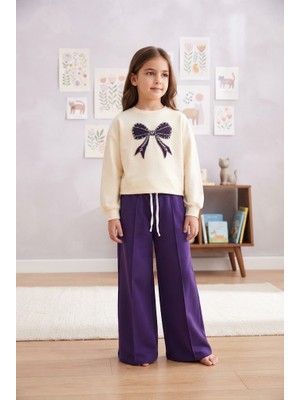 Jeliboom Kız Çocuk Incili Fiyonk Nakışlı Krem Sweatshirt ve Mor Fitilli Eşofman Altı