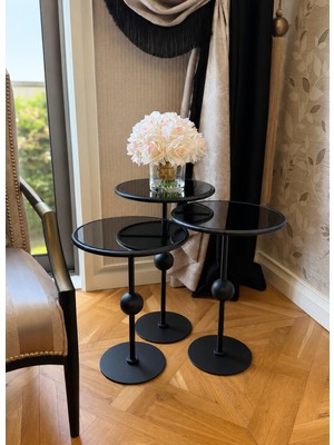 Esey Luxury Küre  Model  3lü Siyah Sehpa Metal Gövde Cam Ayna Yüzeyler