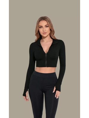 MiaMoon Kadın Siyah Uzun Kol Fermuarlı Parmak Geçme Detaylı Dik Yaka Crop Top Bluz