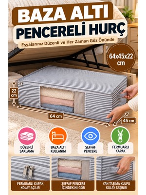 Open City Gri Çizgili Baza Altı Pencereli Hurç 64X45X22 cm Yorgan Battaniye Kıyafet Saklama Düzenleyici Hurç