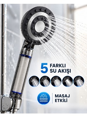 Siyah Filtreli Duş Başlığı 5 Farklı Su Akışı Masaj Etkili Klor ve Kireç Filtreleme - Lisinya