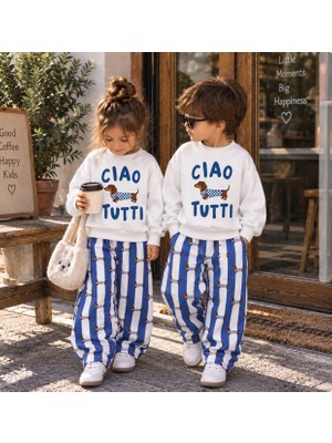 Cg Kids Ciao Tutti Baskılı Sweatshirt Sosis Köpek Baskılı Mavi Çizgili Eşofman 3ip Unisex Alt Üst Takım