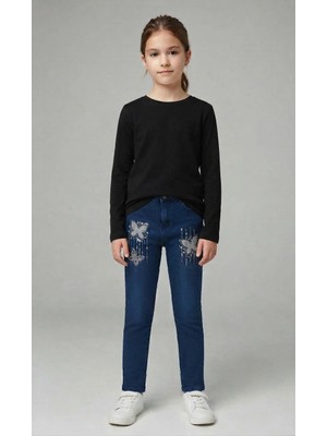 Superkids Kız Çocuk Koyu Mavi Kelebek ve Taş Detaylı Likralı Kot Pantolon