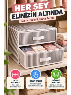 Open City 2 Katlı Çekmece Organizer Gri Çizgili Çorap Iç Çamaşırı Dolap Içi Düzenleyici 31X30X22 cm Organizer.
