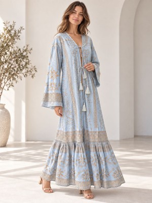 Moda Rüyası Italyan Tasarım Kadın Desenli Uzun Kimono Elbise V Yaka Püsküllü Bohem Pareo