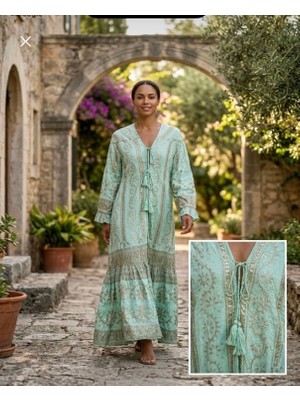 Moda Rüyası Italyan Tasarım Kadın Desenli Uzun Kimono Elbise V Yaka Püsküllü Bohem Pareo