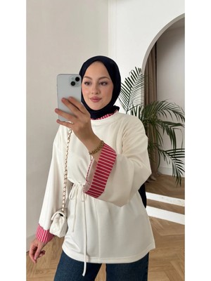 Quwiq Kadın Çizgili Yaka ve Manşet Detaylı Bel Bağlamalı Beyaz Tesettür Tunik