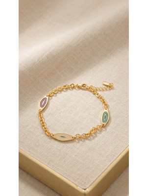 Lune Design Renkli Mineli Geometrik Oval Detaylı Gold Kadın Çelik Bileklik