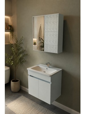 Septemius Sardalya 55 cm Seramik Lavabolu Banyo Dolabı Aynalı Mdf Banyo Dolap Seti