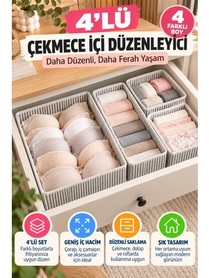 Open City 4'lü Çekmece Içi Organizer Seti Gri Çizgili Çorap Iç Çamaşırı Dolap Içi Düzenleyici Saklama Kutusu