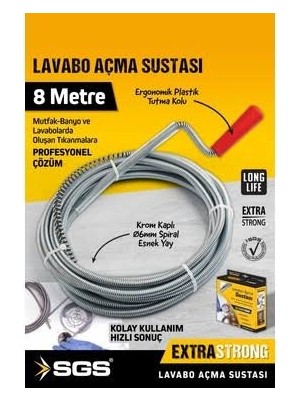 Sgs SGS973 8 Metre Lavabo Açma Sustası Lavabo Gider Boruları Açma Teli