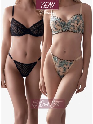 Valunor Duo Set 9- Floral Yeşil Çiçekli Kadın Iç Çamaşırı Takımı ve Mesh Siyah Çizgili Tanga Bralet Takım 2li Set