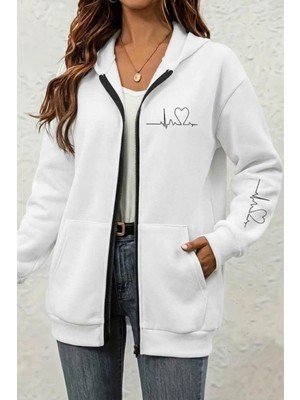 Oksit Fr Kalp Ritmi Baskılı Iki Iplik Fermuarlı Kapüşonlu Sweatshirt Hırka - Oversize Cepli Günlük Spor Ceket