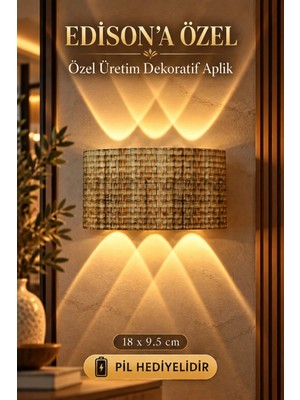 Edison Aplik Bohem Hasır Desenli Pilli LED Duvar Lambası Gün Işığı Dekoratif Örgü Görünümlü Modern Rustik Salon Yatak Odası Koridor Balkon Duvar Aydınlatması 9V Pil ile Çalışan Model Hasır Desenli