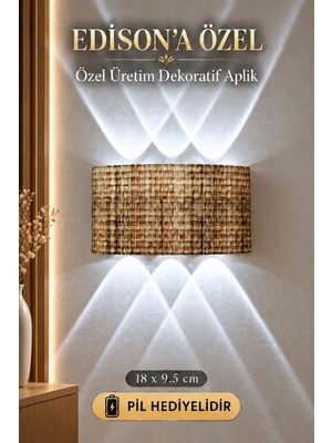 Edison Aplik Bohem Hasır Desenli Pilli LED Duvar Lambası Beyaz Işık Dekoratif Örgü Görünümlü Modern Rustik Salon Yatak Odası Koridor Balkon Duvar Aydınlatması 9V Pil ile Çalışan Model Bej