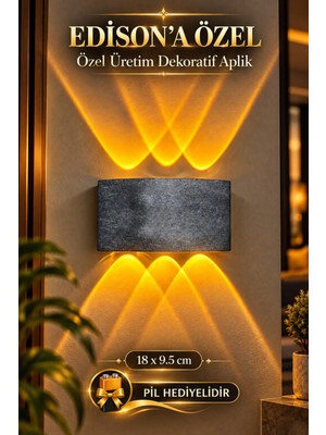 Edison Aplik Pilli LED Duvar Lambası Antrasit Gri Desenli Amber Işık Dekoratif Iç Mekan Aydınlatma 9V Pil ile Çalışan 10W 700 Lümen Salon Yatak Odası Koridor Tv Ünitesi Duvar Apliği Gri