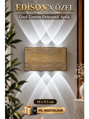 Edison Ahşap Desenli Pilli LED Aplik 9V 10W 700 Lümen Beyaz Işık Çift Yönlü Kablosuz Dekoratif Duvar Lambası Salon Yatak Odası Koridor Antre Tv Ünitesi Duvar Aydınlatma Krem