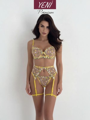 Valunor Sarı Çiçek Desenli Dantelli Fantazi Seksi 3'lü Şık Jartiyer Takımı Bralet ve Tanga Set