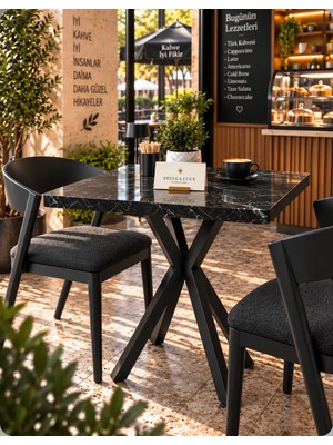 Stella Luce Kalınlaştırmalı Mutfak Cafe Balkon Bahçe Restoran Yemek Masası 70X70  Siyah Siyah Traverten Tabla Kare