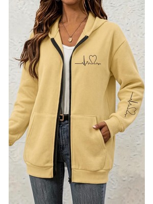 Oksit Fr Kalp Ritmi Baskılı Iki Iplik Fermuarlı Kapüşonlu Sweatshirt Hırka - Oversize Cepli Günlük Spor Ceket