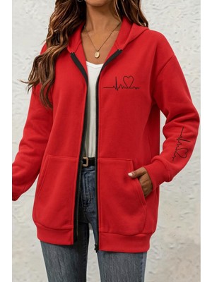 Oksit Fr Kalp Ritmi Baskılı Iki Iplik Fermuarlı Kapüşonlu Sweatshirt Hırka - Oversize Cepli Günlük Spor Ceket