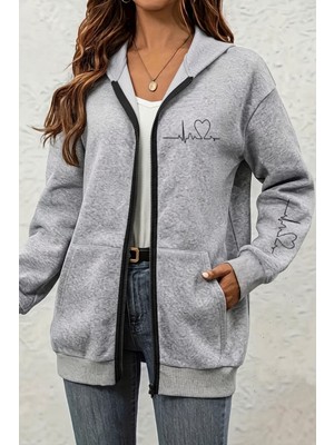 Oksit Fr Kalp Ritmi Baskılı Iki Iplik Fermuarlı Kapüşonlu Sweatshirt Hırka - Oversize Cepli Günlük Spor Ceket