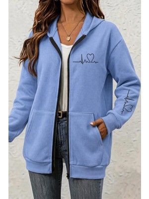 Oksit Fr Kalp Ritmi Baskılı Iki Iplik Fermuarlı Kapüşonlu Sweatshirt Hırka - Oversize Cepli Günlük Spor Ceket