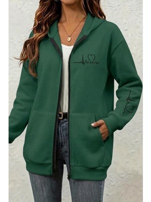 Oksit Fr Kalp Ritmi Baskılı Iki Iplik Fermuarlı Kapüşonlu Sweatshirt Hırka - Oversize Cepli Günlük Spor Ceket
