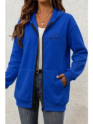 Oksit Fr Kalp Ritmi Baskılı Iki Iplik Fermuarlı Kapüşonlu Sweatshirt Hırka - Oversize Cepli Günlük Spor Ceket