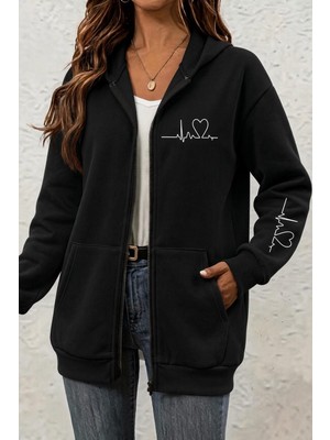 Oksit Fr Kalp Ritmi Baskılı Iki Iplik Fermuarlı Kapüşonlu Sweatshirt Hırka - Oversize Cepli Günlük Spor Ceket