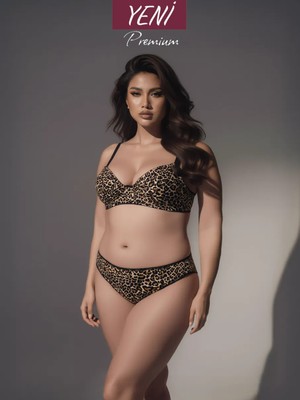 Valunor C Kup Plus Size Leopar Desenli Dantel Detaylı Kaşkorse Seksi Kadın Iç Çamaşırı Takımı