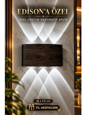 Edison Kahverengi Ahşap Desenli Pilli LED Aplik Beyaz Işık 10W 700 Lm  Pil ile Çalışan Dekoratif Duvar Lambası Salon Yatak Odası Koridor Tv Ünitesi Antre Kafe Otel Modern Duvar Aydınlatması Kahverengi Ahşap