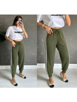 Efnaz Style Kadın Yüksek Bel Yanı Şerit Detaylı Viskon Iki Iplik Eşofman Altı